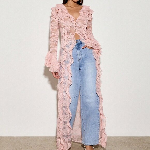 Baby Pink Sexy Women's Boho Lace Ruffle Maxi Blouse - Picture 1 of 6